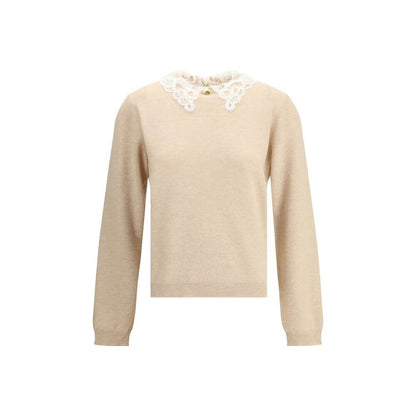 Fabiana Filippi Beige Fleece Wool Sweatshirt with lace collar and gold button front, ribbed hem and cuffs, elegant look, AW25 collection.