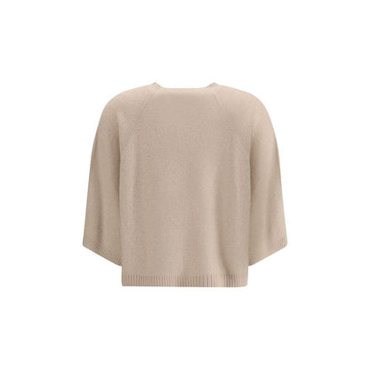 Fabiana Filippi Beige Fleece Wool Sweatshirt with ribbed crew neck and wide 3/4 sleeves, AW25 collection, made in Italy