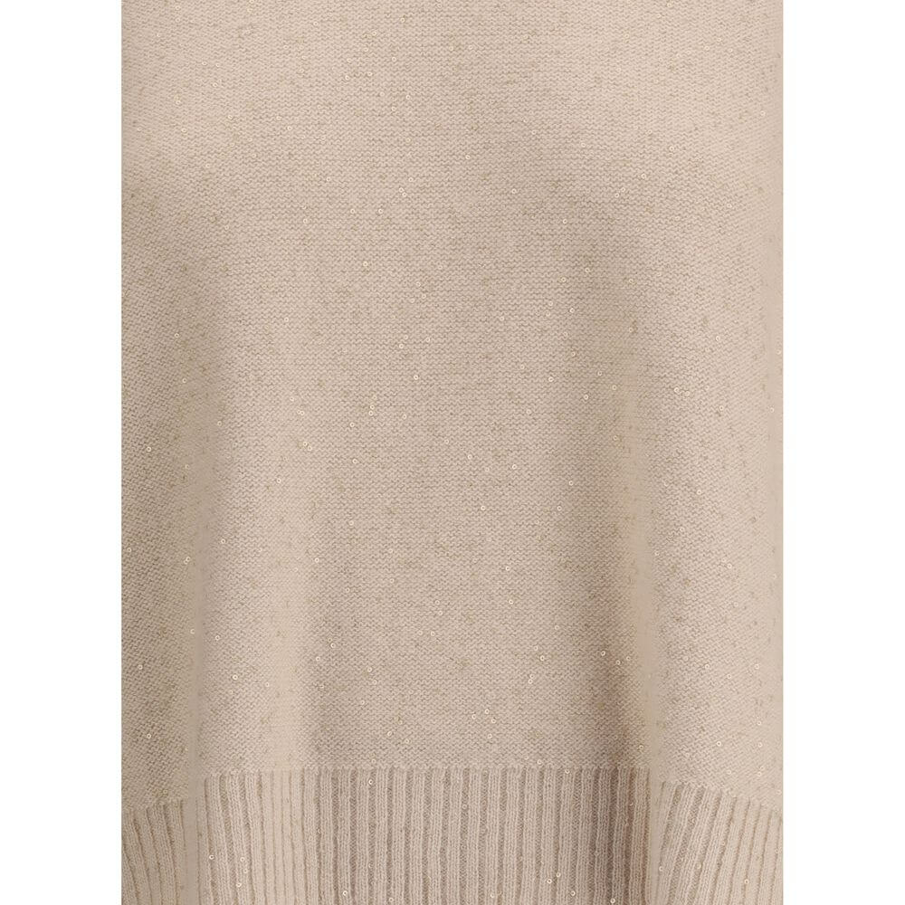 Fabiana Filippi Beige Fleece Wool Sweatshirt with sequins, ribbed crew neck, and wide sleeves for a sophisticated modern look.