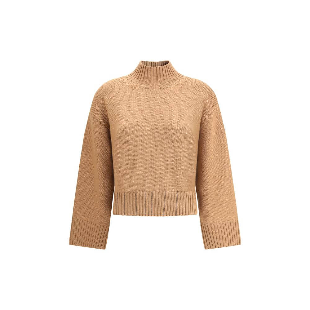 Fabiana Filippi Beige Fleece Wool Sweatshirt with ribbed turtleneck, hem, and cuffs, perfect for cooler AW25 season days. Made in Italy.