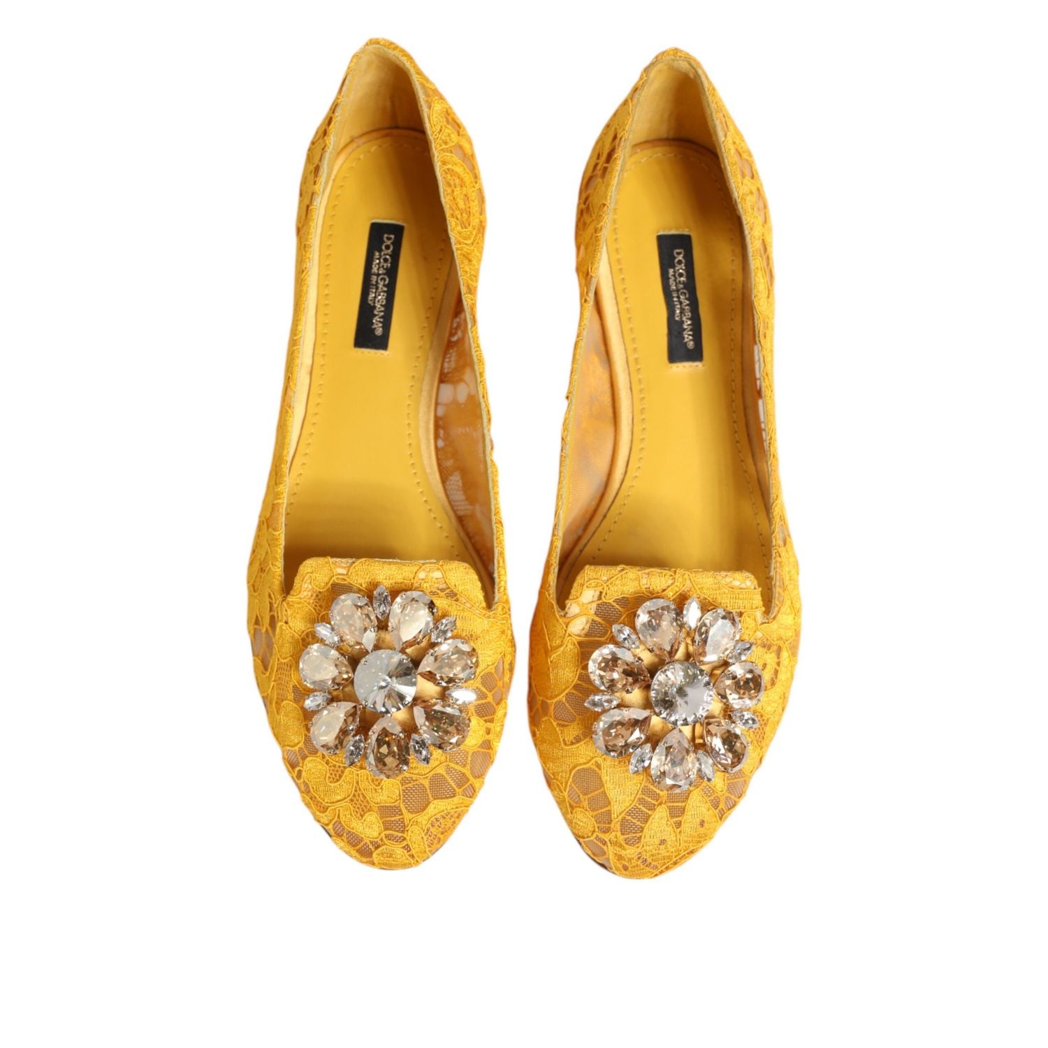 Dolce & Gabbana Yellow Taormina Lace Crystals Flats Shoes