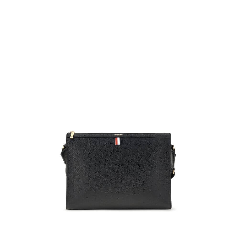 Thom Browne Black Calf Leather Bos Taurus Clutch Bag with tricolor detail and embossed logo.