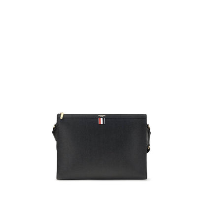 Thom Browne Black Calf Leather Bos Taurus Clutch Bag with tricolor detail and embossed logo.