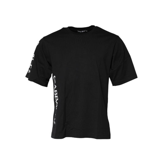 Dolce & Gabbana Black Logo Print Cotton Men Crew Neck T-shirt with white print, classic fit, made in Italy.
