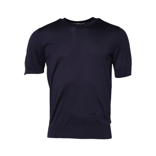 Dolce & Gabbana Dark Blue Silk Crew Neck Short Sleeves T-shirt