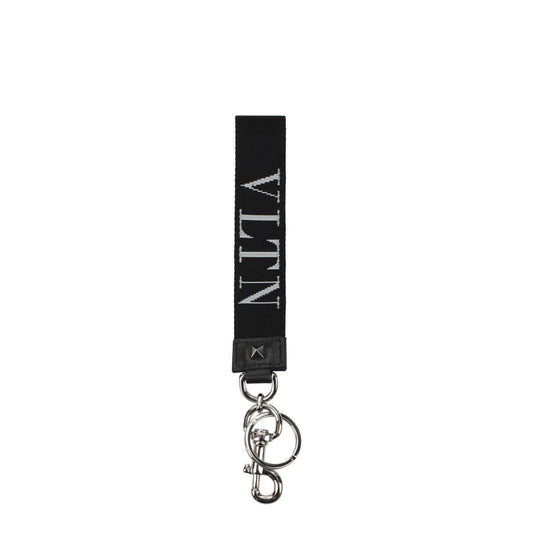 Valentino Garavani Black Fabric Keychain with silver clips closure, featuring studs and logo design, stylish leather accessory.