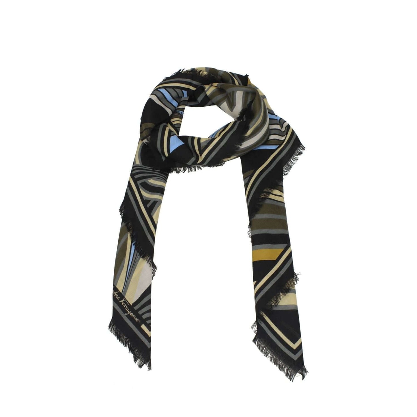 Salvatore Ferragamo Black Wool Foulard with multicolor pattern, 70×180 cm, featuring side logo, elegant and casual.