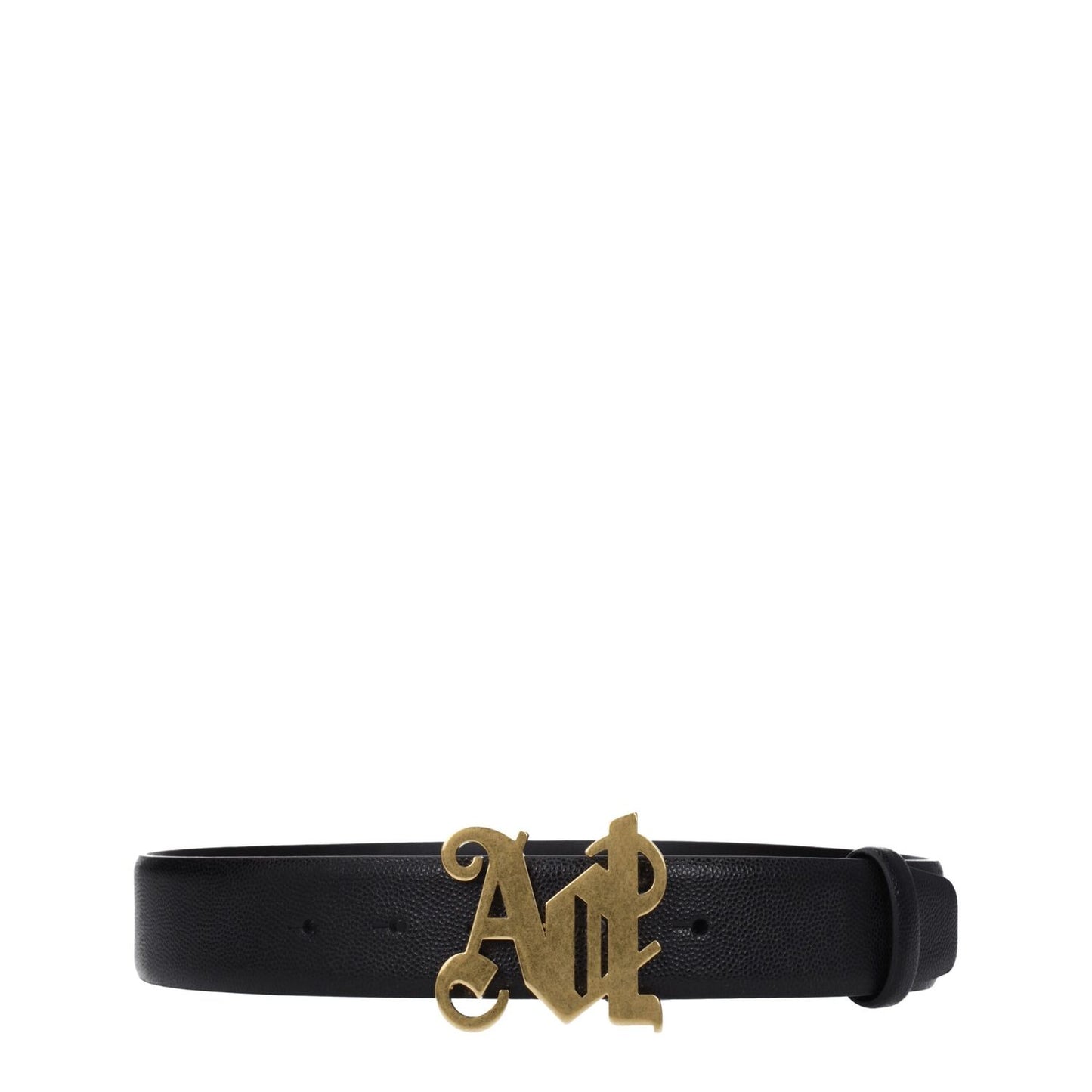Palm Angels Black Leather Regular Belt with gold front logo and vintage effect, casual style, button closure, 3.5 cm height.