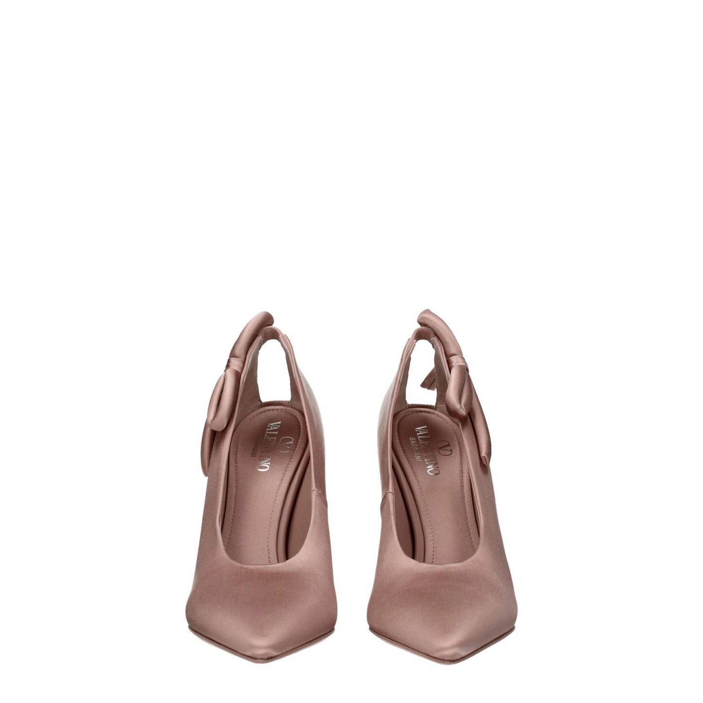 Valentino Garavani Pink Satin High Heel Pumps with pointy toe and side detail.