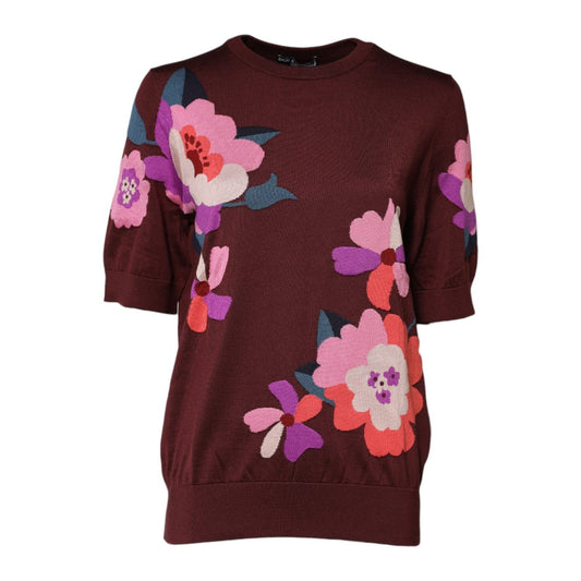 Dolce & Gabbana Maroon Floral Silk Crew Neck Blouse Top TSH90707-48