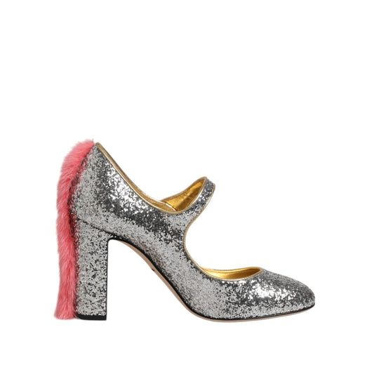 Dolce & Gabbana Silver Glitter Mink Fur VALLY Pumps Shoes
