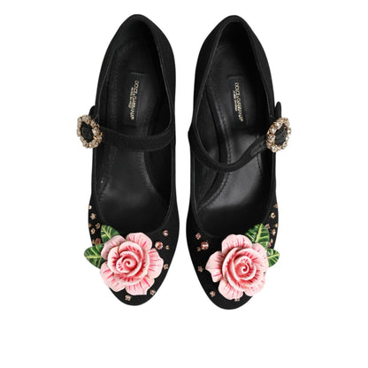 Dolce & Gabbana Black Flower Crystal Embellished Mary Jane Shoes