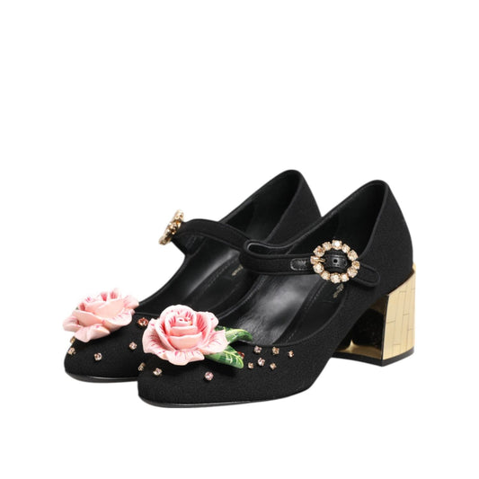 Dolce & Gabbana Black Flower Crystal Embellished Mary Jane Shoes LA12825-36