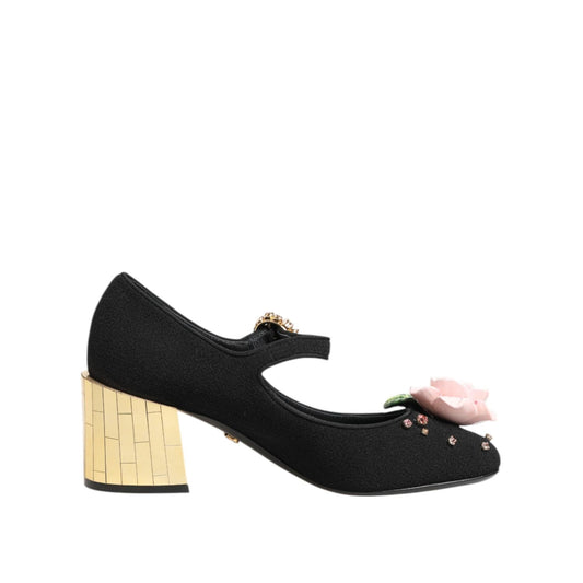 Dolce & Gabbana Black Flower Crystal Embellished Mary Jane Shoes LA12825-36