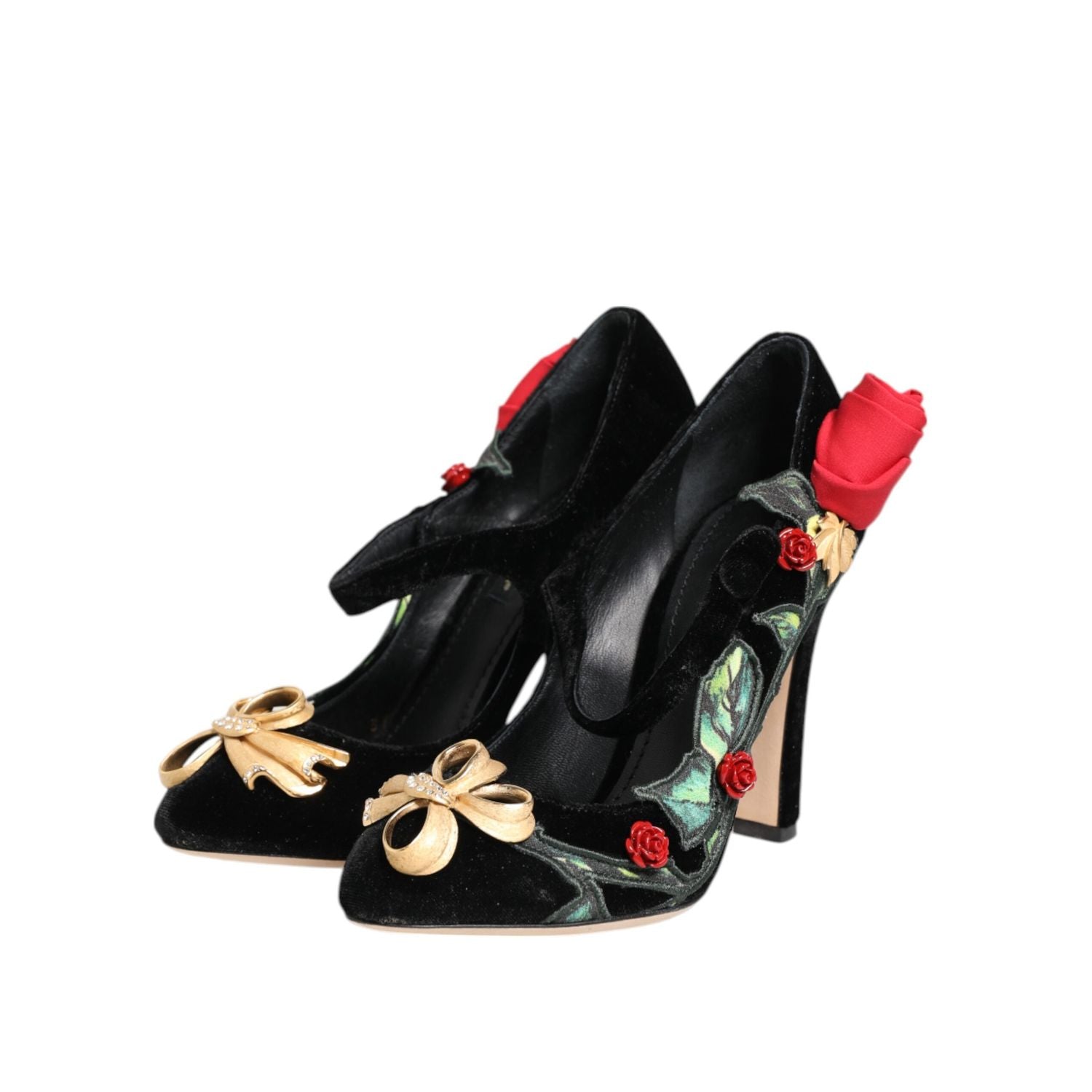 Dolce & Gabbana Black Roses Crystal Brooch Mary Jane Shoes