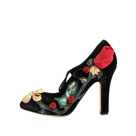 Dolce & Gabbana Black Roses Crystal Brooch Mary Jane Shoes LA12832-36.5