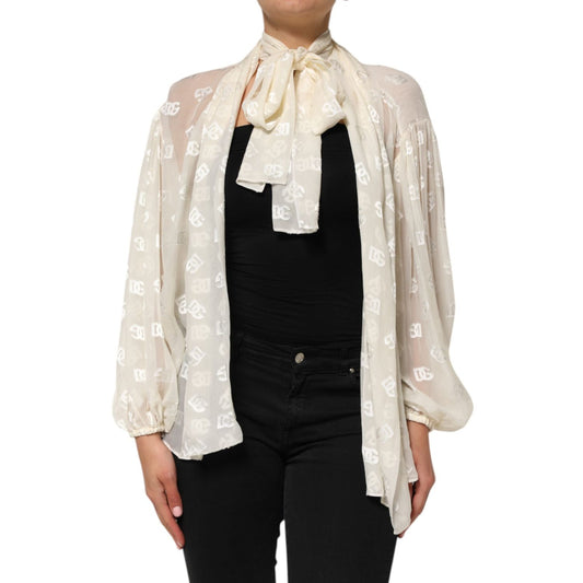 Dolce & Gabbana Off White Logo Monogram Ascot Collar Top TSH90738-38