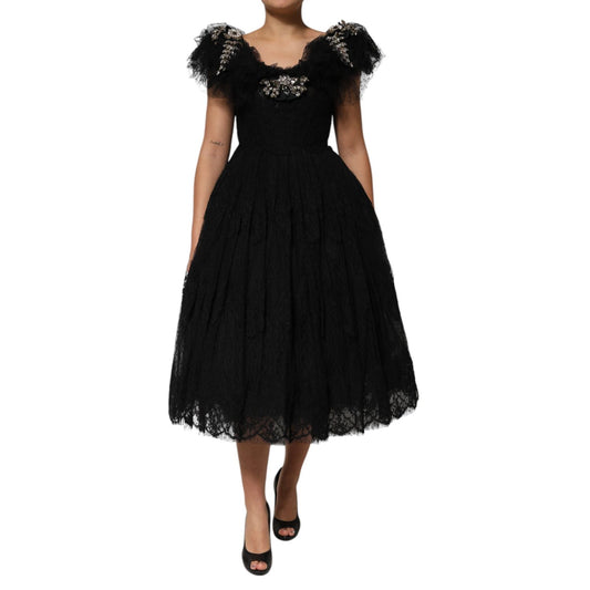 Dolce & Gabbana Black Crystal Embellished Midi A-line Dress
