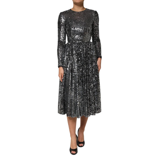 Dolce & Gabbana Black Sequined Long Sleeves Midi A-line Dress DR81823-40