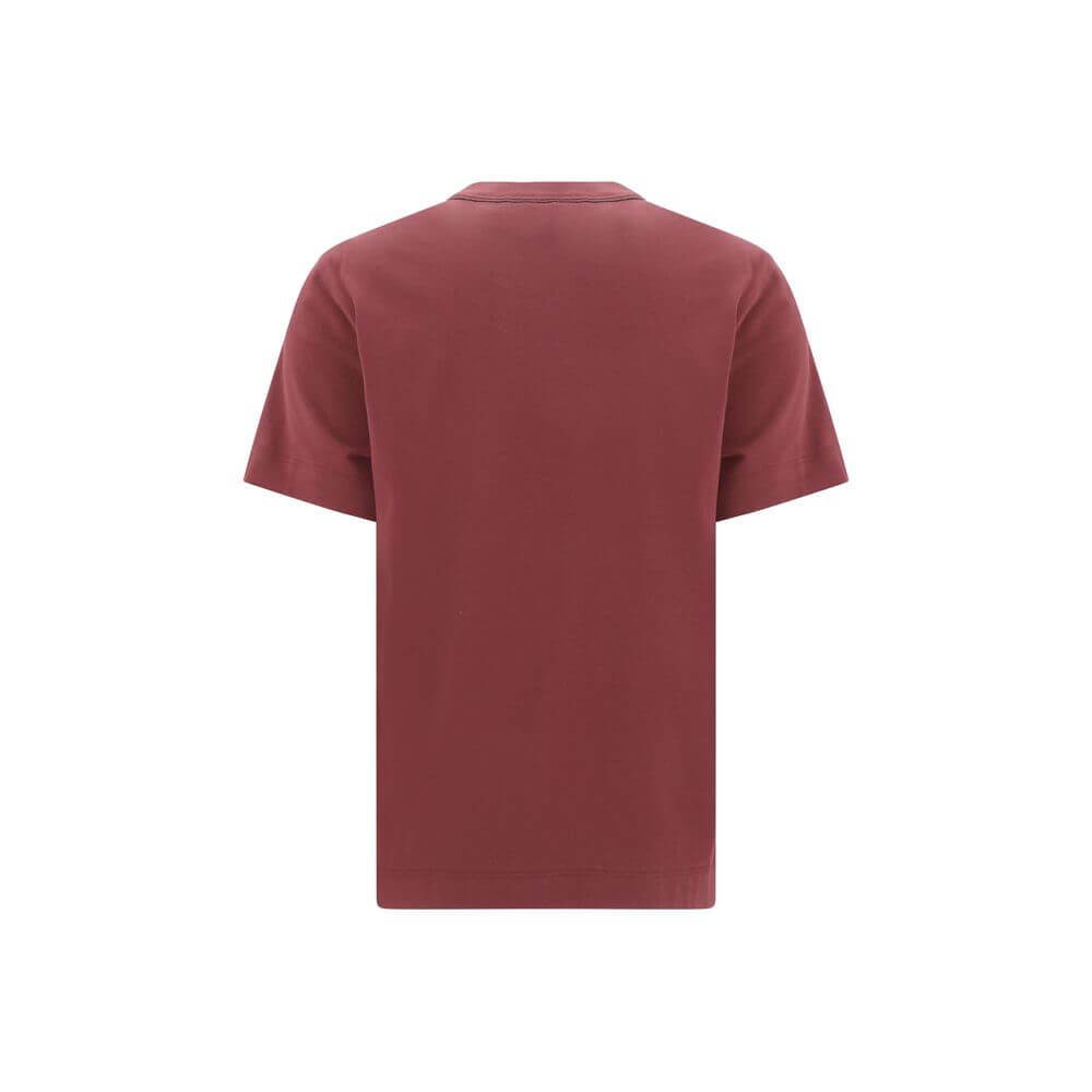 Back view of Brunello Cucinelli Bordeaux Cotton T-Shirt with jewel detail and ribbed crew neck.