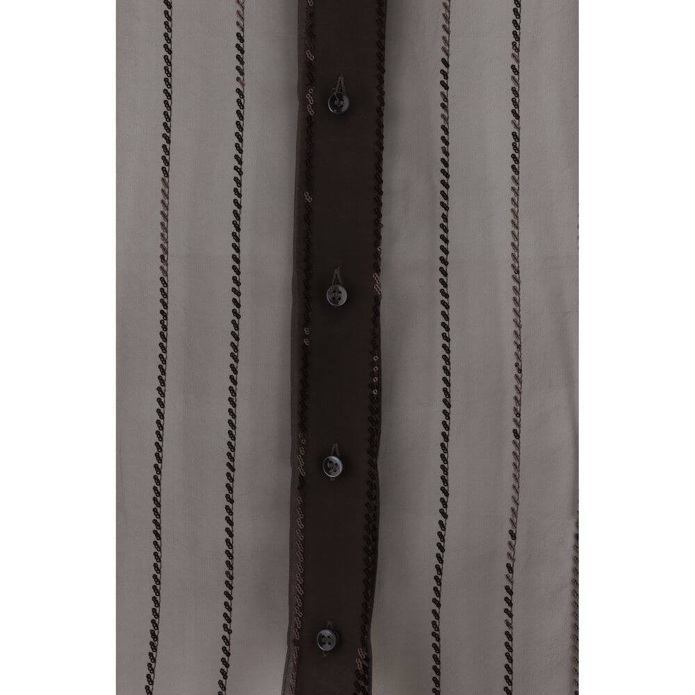 Brunello Cucinelli Brown Silk Blouse featuring semi-transparent design with sequins, classic collar, and front button closure.