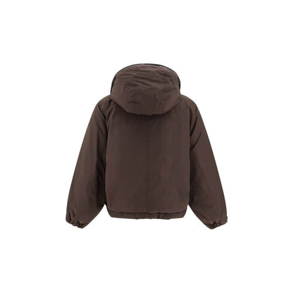 Back view of Brunello Cucinelli Brown Polyester Coat with removable hood, elastic cuffs, and hem for cold protection.