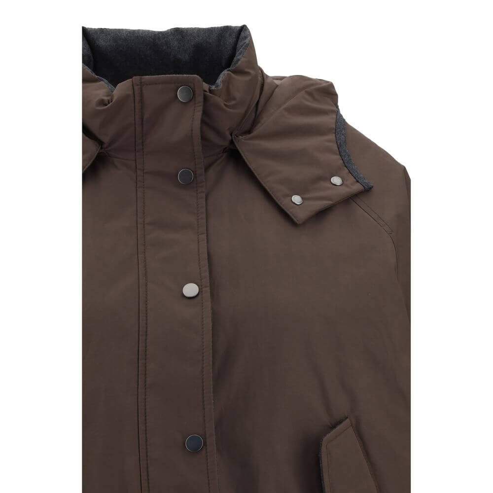 Close-up of Brunello Cucinelli Brown Polyester Coat with button closure and removable hood.