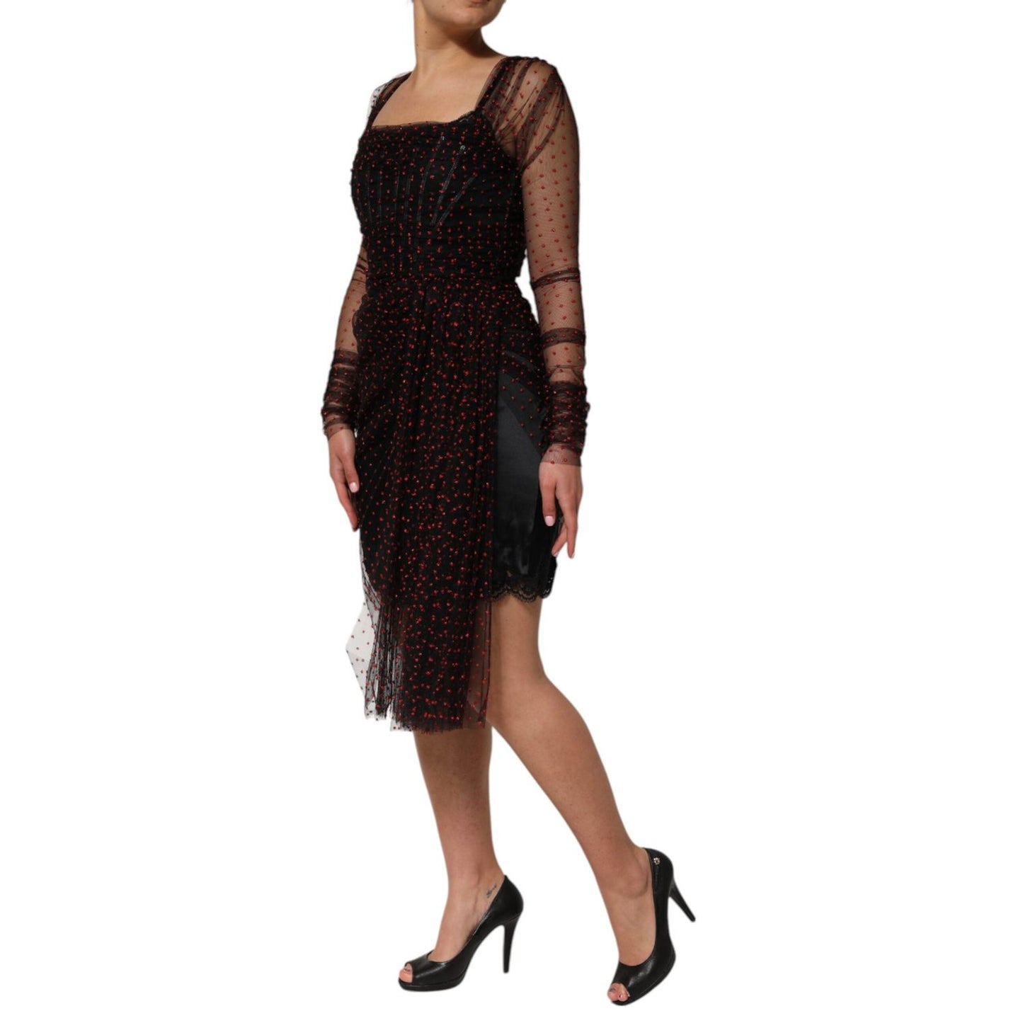 Dolce & Gabbana Black Lace Trim Long Sleeve Sheath Mini Dress DR81771-40