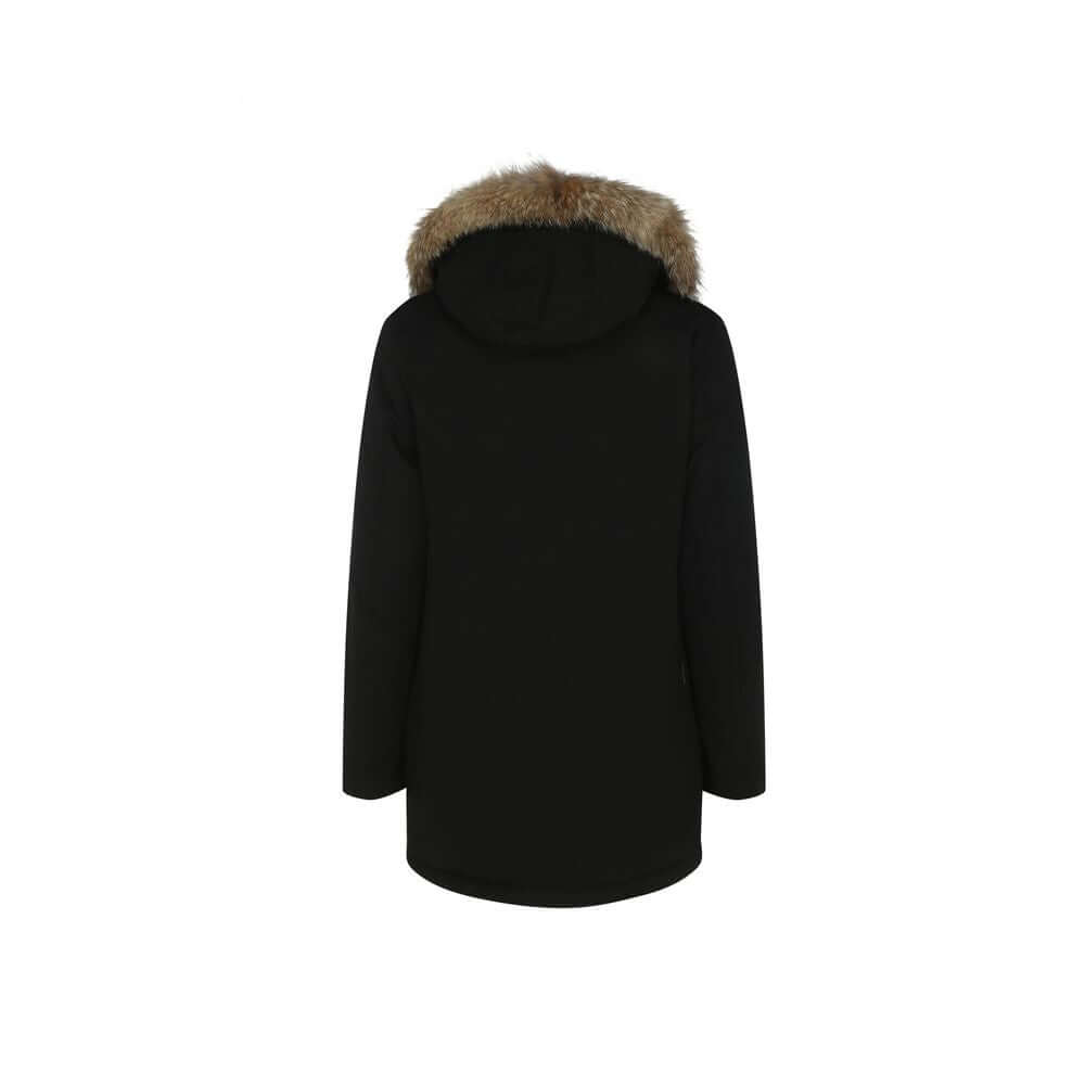 Woolrich Black Cotton Parka with fur hood, back view showing oversized fit, ideal for AW25 season, made in Bulgaria.