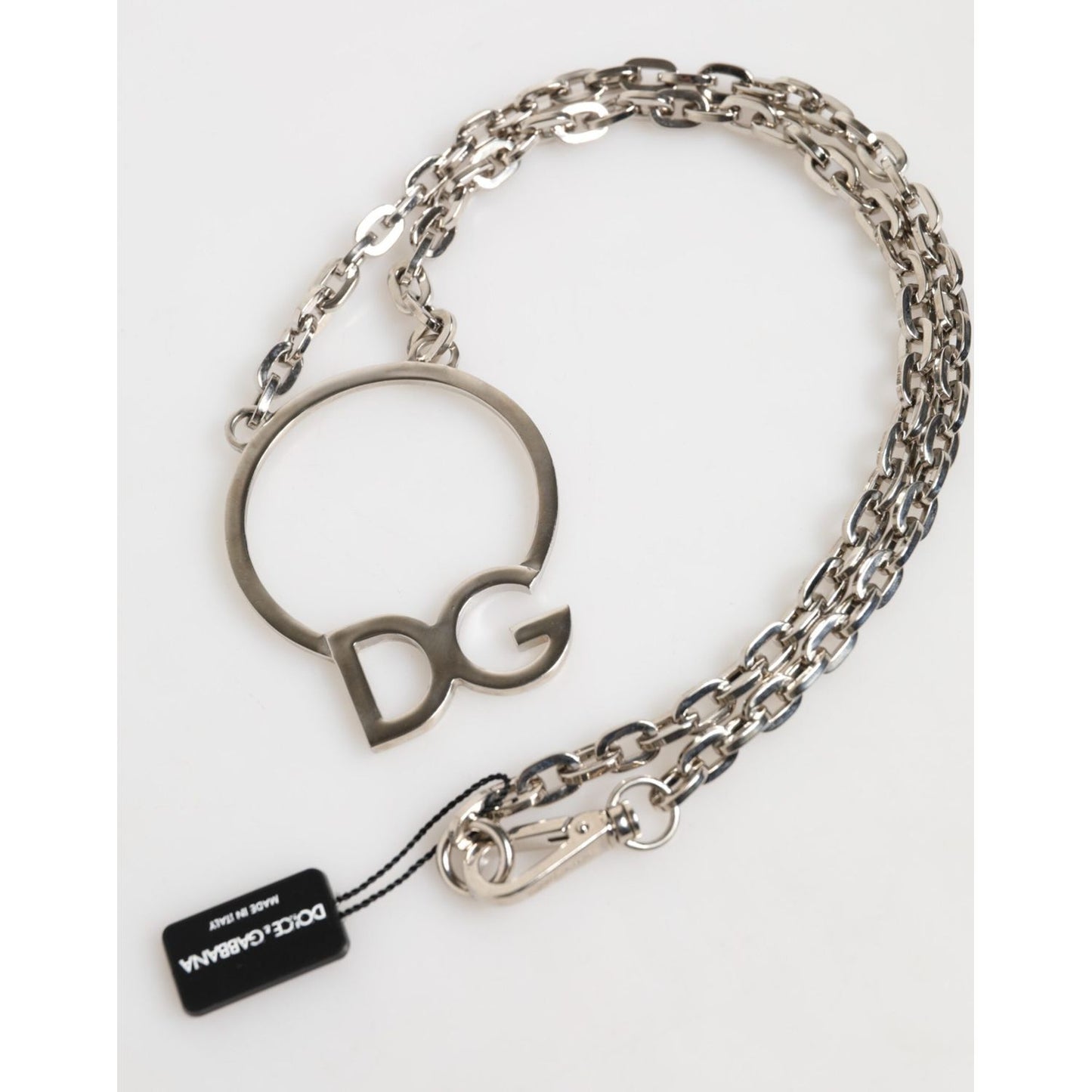 Dolce & Gabbana Silver Tone Brass Chain DG Logo Pendant Men Necklace SMY11218