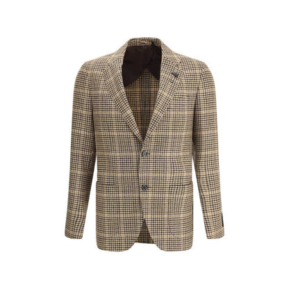 Lardini Beige Wool Clothing - Single-breasted houndstooth blazer with iconic brooch, lapel collar, and double back slit. AW25 season.