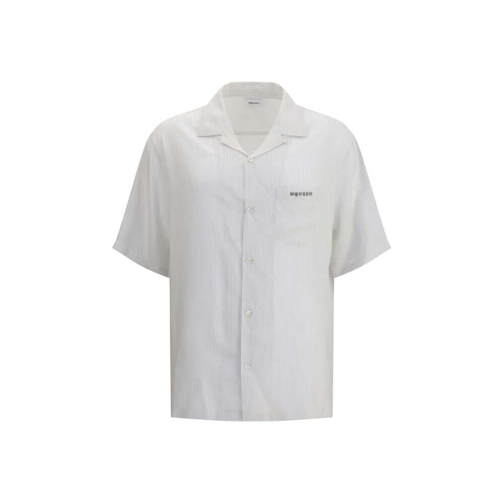Alexander McQueen White Viscose Pattern Shirt with thin stripes and embroidered logo, button closure, perfect blend of elegance and relaxed fit.