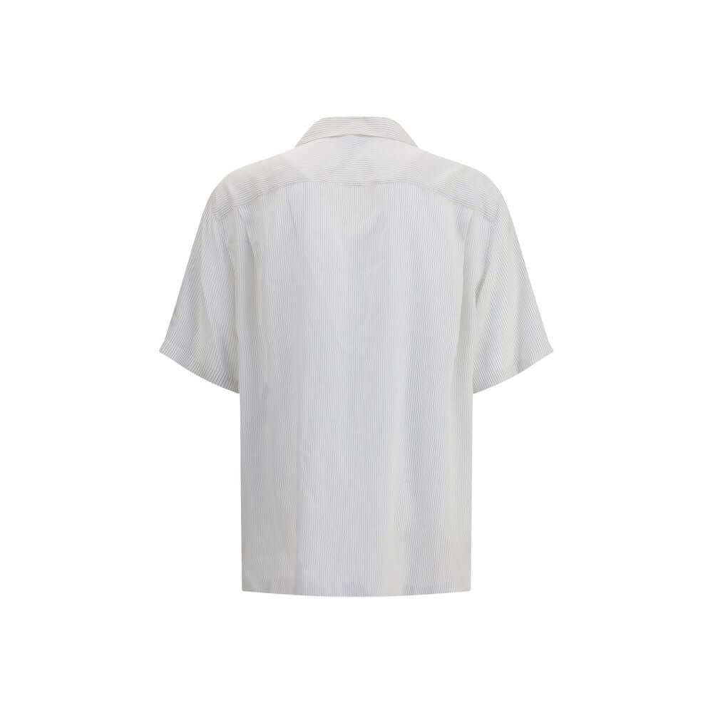 Back view of Alexander McQueen White Viscose Pattern Shirt with thin stripes and embroidered logo, short sleeves, and regular fit.