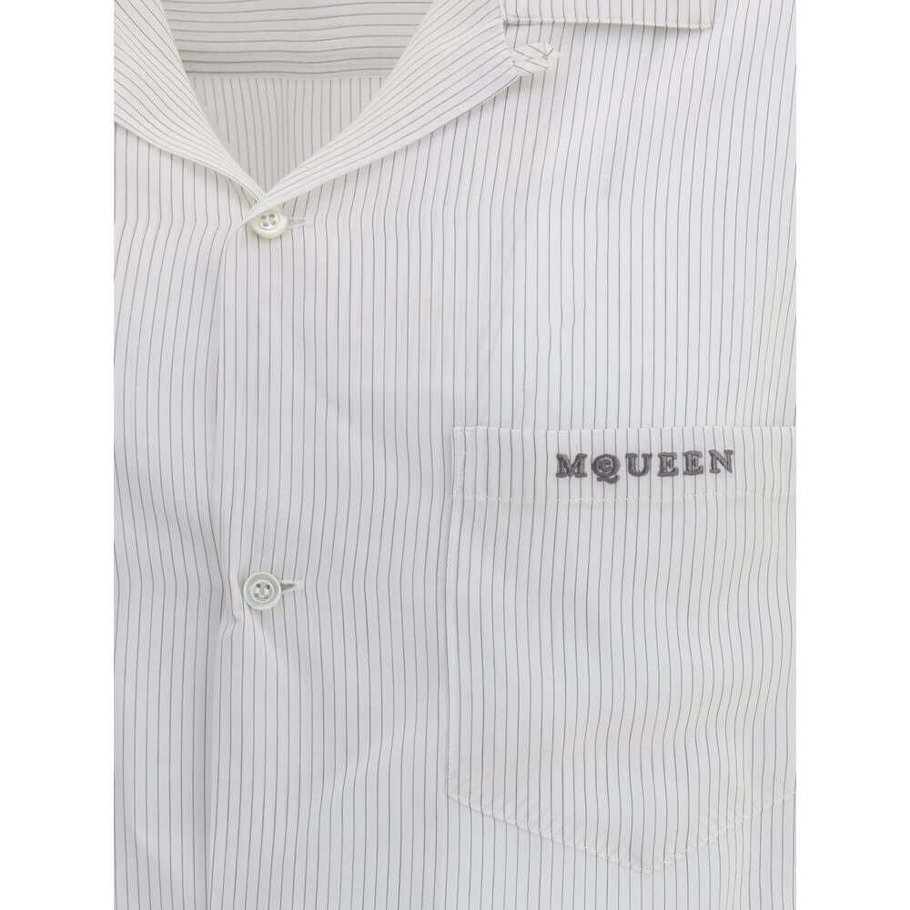Alexander McQueen White Viscose Pattern Shirt with thin stripes, front button closure, and embroidered logo on chest pocket.