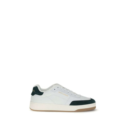 Saint Laurent White Calf Leather Bos Taurus Low Top Sneakers with suede panels and logo details on the side, AW25 collection.
