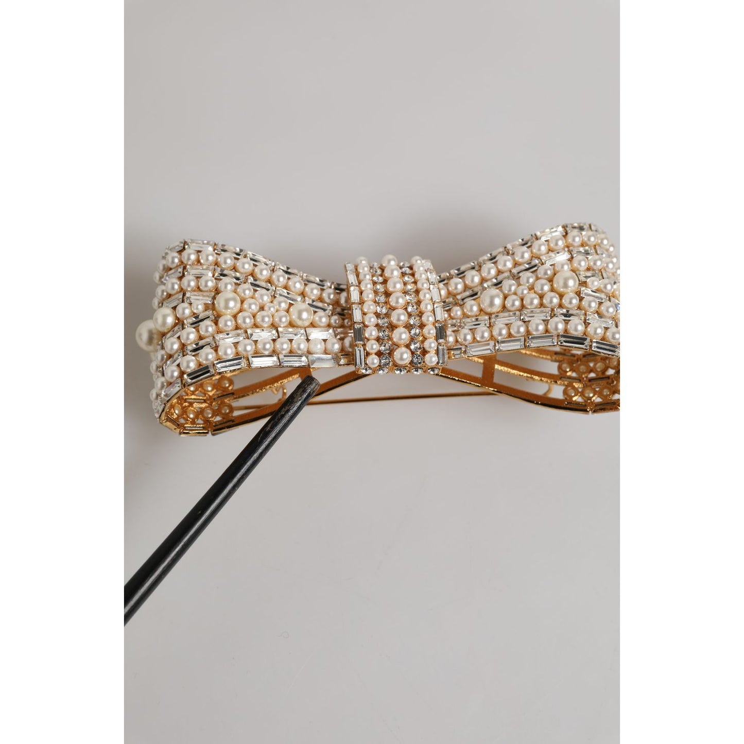 Dolce & Gabbana Gold Tone Brass Bow Crystal FauxPearl Embellished Brooch