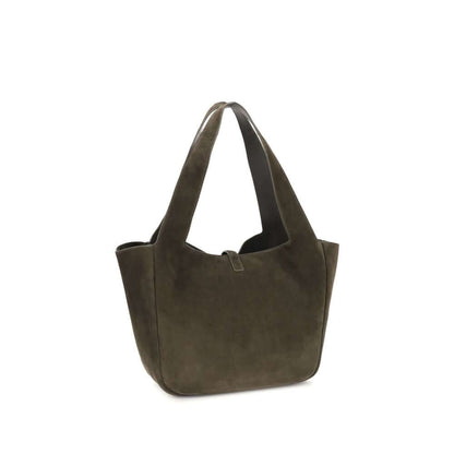 Saint Laurent Green Le 5 à 7 Bea Tote Bag, elegant suede leather with Cassandre logo, two top handles, spacious interior