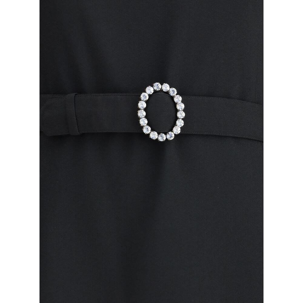 Close-up of belt detail on Saint Laurent Black Viscose Cocktail Dress with rhinestone buckle.