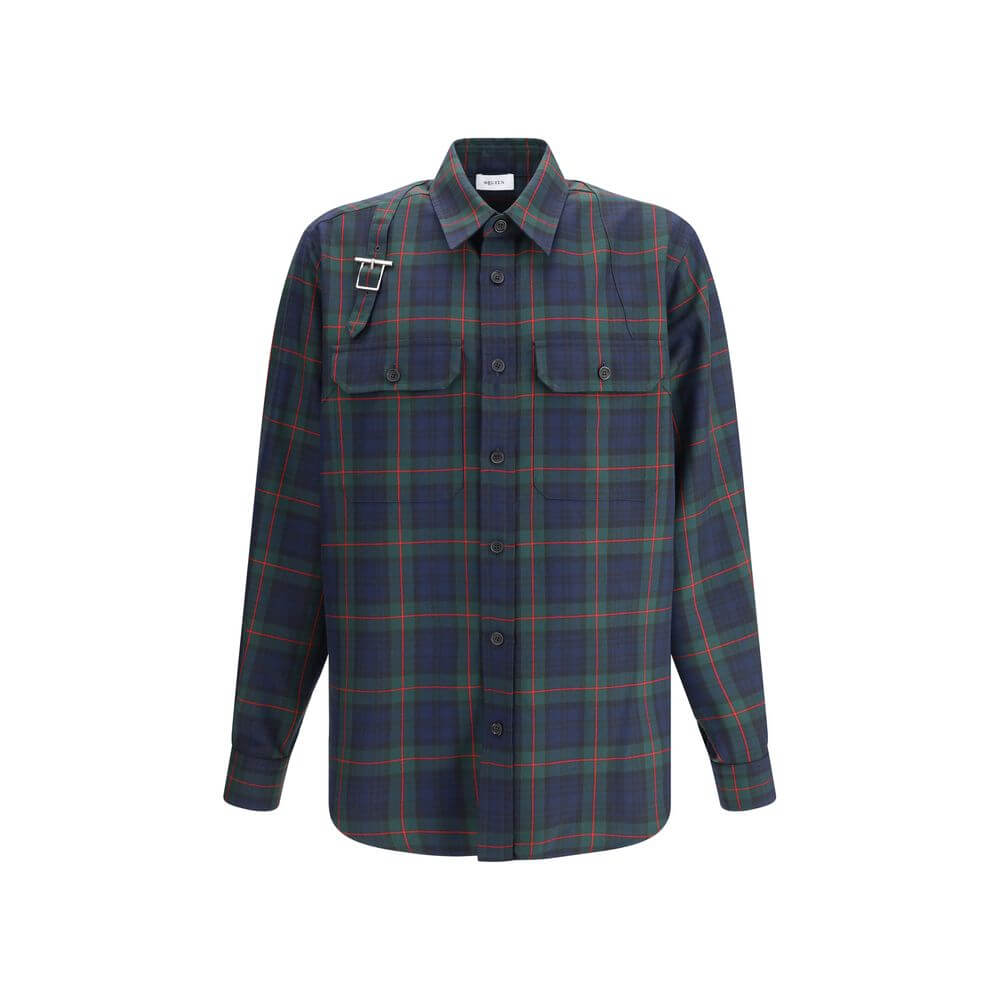 Alexander McQueen Green Polyester Pattern Shirt with tartan design and buckle detail, front button closure, chest pockets, AW25 collection.