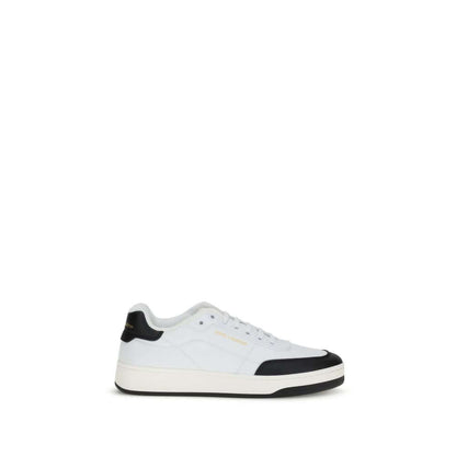 Side view of Saint Laurent White Calf Leather Bos Taurus Low Top Sneakers with suede panel, logos, flat sole, and lace-up closure.