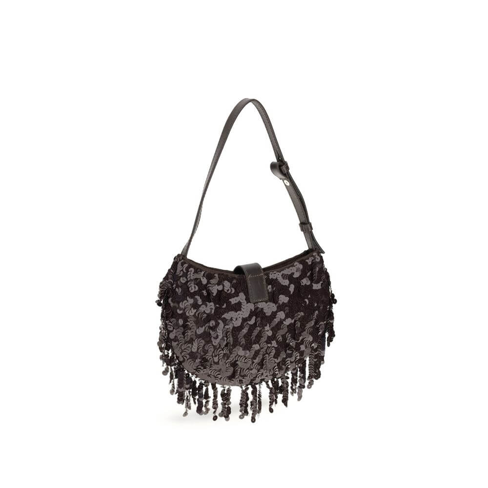 Staud Brown Polyester Shoulder Bag with sequin design, fringe edge, adjustable strap, moon-shaped buckle, ideal for evening outfits.