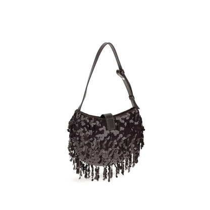 Staud Brown Polyester Shoulder Bag with sequin design, fringe edge, adjustable strap, moon-shaped buckle, ideal for evening outfits.