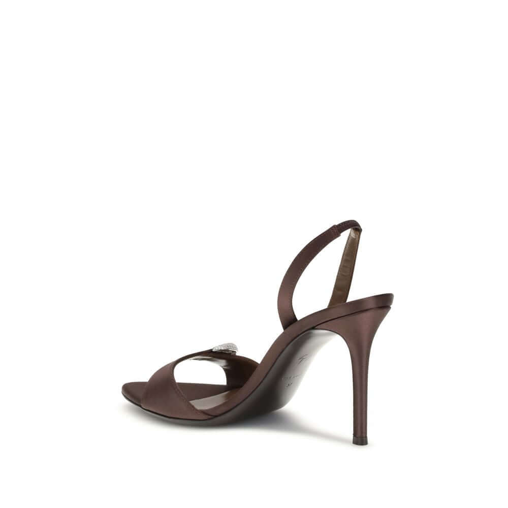 Giuseppe Zanotti Brown Silk Stiletto Heel Sandals with rhinestone detail, a stylish choice for sophisticated looks and special occasions