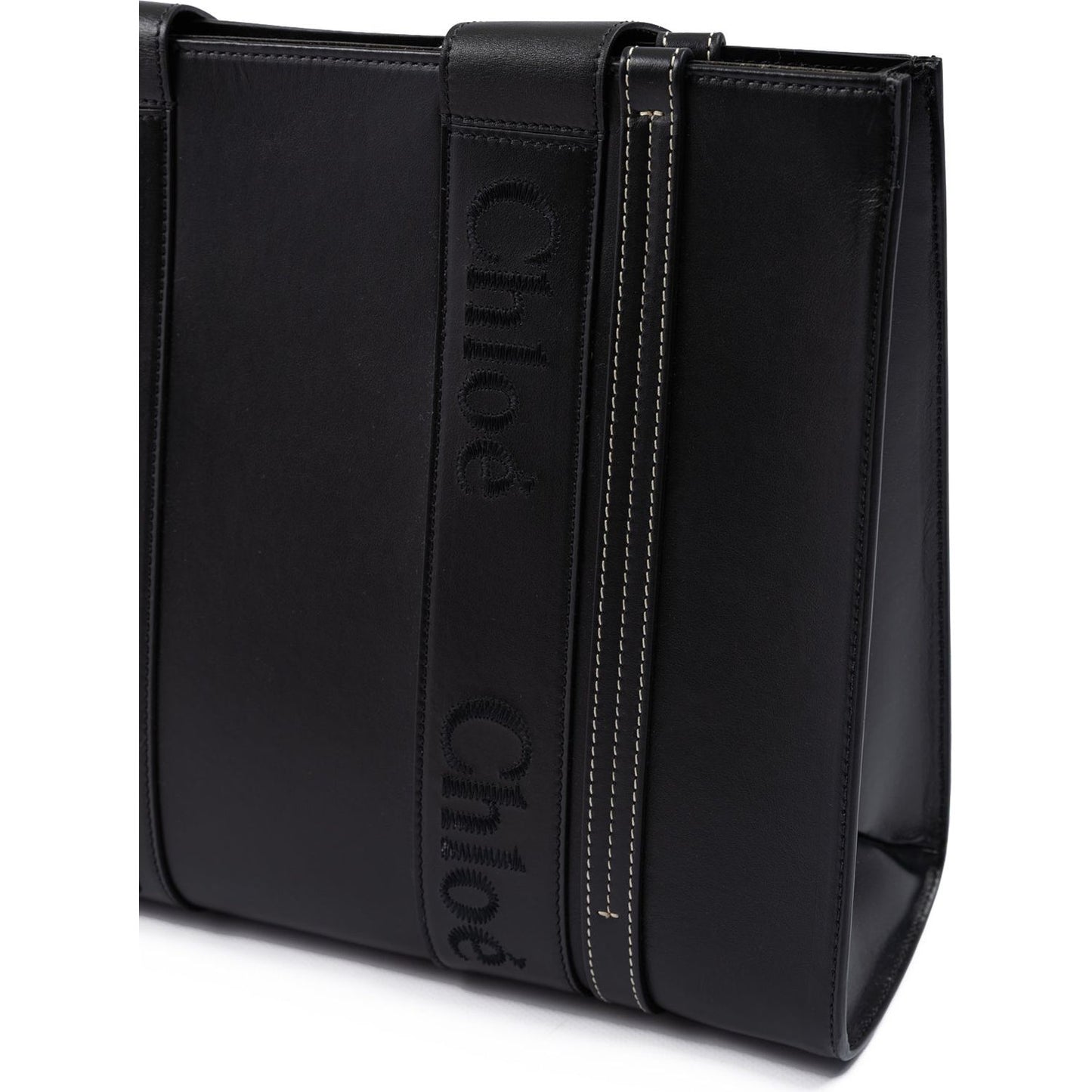 Chloé Black Woody Embroidered Logo Leather Medium Tote Bag CHL-240725