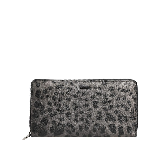 Dolce & Gabbana Black Gray Leopard Leather Zip Around Continental Wallet