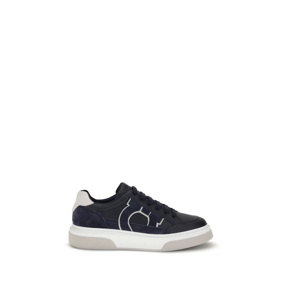 Ferragamo Blue Calf Leather Bos Taurus Low Top Sneakers with suede inserts and Gancini detail, stylish retro design.