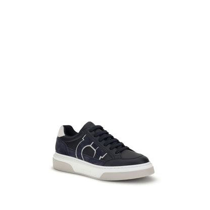 Ferragamo Blue Calf Leather Bos Taurus Low Top Sneakers with Gancini silhouette and retro '90s basketball shoe design.