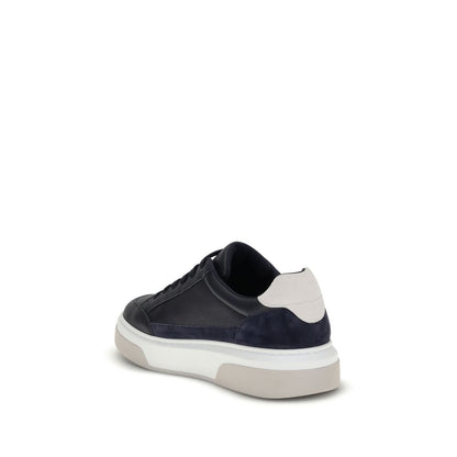 Ferragamo Blue Calf Leather Bos Taurus Low Top Sneakers with suede inserts, Gancini silhouette, and rubber sole, back view.