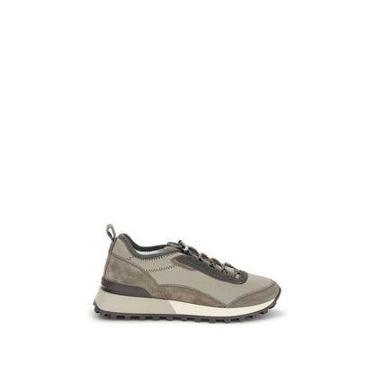 Brunello Cucinelli Brown Leather Athletic Sneakers with drawstring closure and micro sole, showcasing contemporary style and craftsmanship.