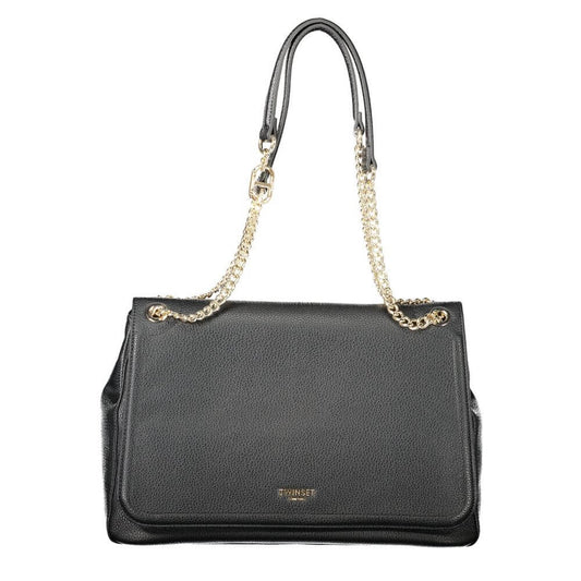 Twinset Black Polyethylene Women Handbag with gold chain handles and logo, showcasing modern luxury and elegance for fashion-forward women